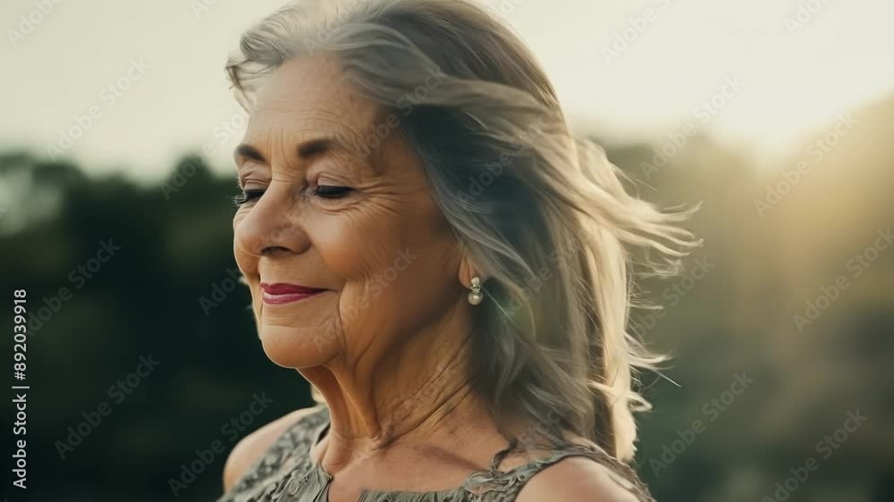 A natural unposed portrait of a middleaged woman with long grey hair dressed in a flowing bohemian dress showcasing her freespirited elegance. A natural unposed portrait of a middleaged woman with long grey hair dressed in a flowing bohemian dress showcasing her freespirited elegance.