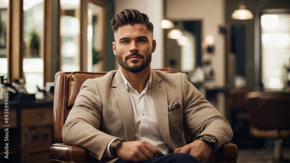 custom made wallpaper toronto digitalCaucasian man with stylish hair and beard sits in barber chair dressed in blazer and white shirt