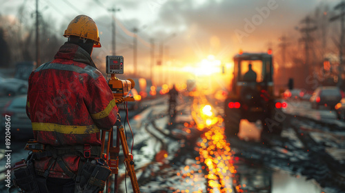 A busy road construction site with a civil engineer using surveying equipment, surrounded by workers and heavy machinery, under a setting sun.