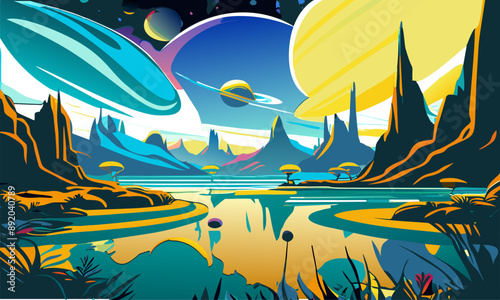 Abstract infographics on the theme of a vibrant fantasy landscape.