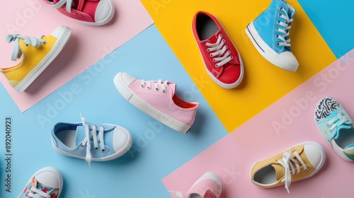 Collection of diverse children s footwear on colored backdrop