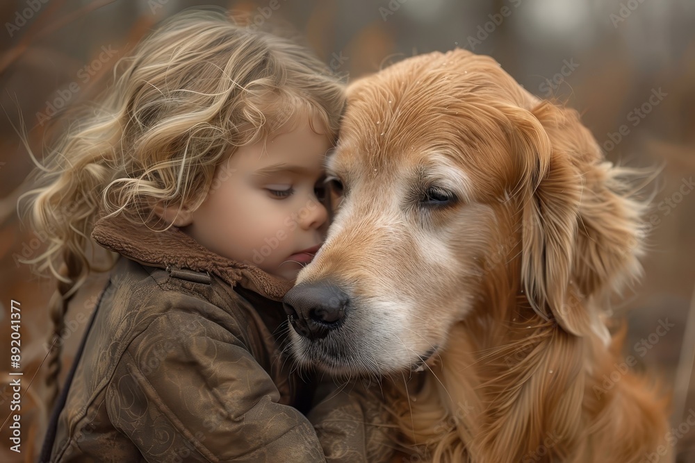 A Golden Retriever comforting a child with a gentle nuzzle. A Golden Retriever comforting a child with a gentle nuzzle.