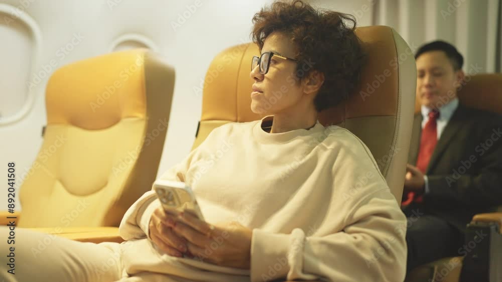 Asian woman enjoy with mobile phone and relax during fly on airplane to travel.