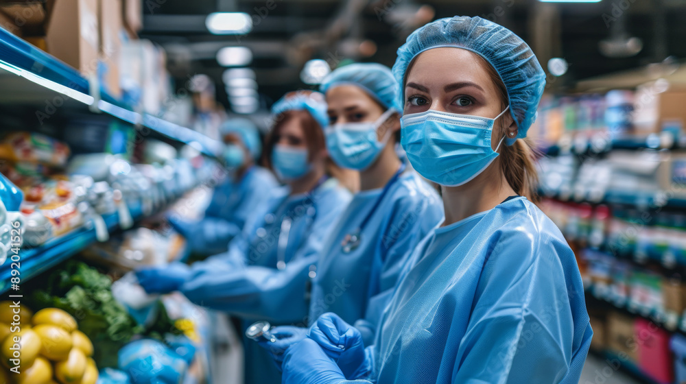 A group of nurses in blue scrubs are shopping in a grocery store A group of nurses in blue scrubs are shopping in a grocery store