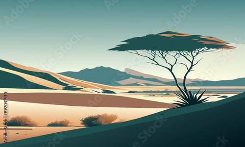 Lonely tree among the desert dunes, vector illustration.