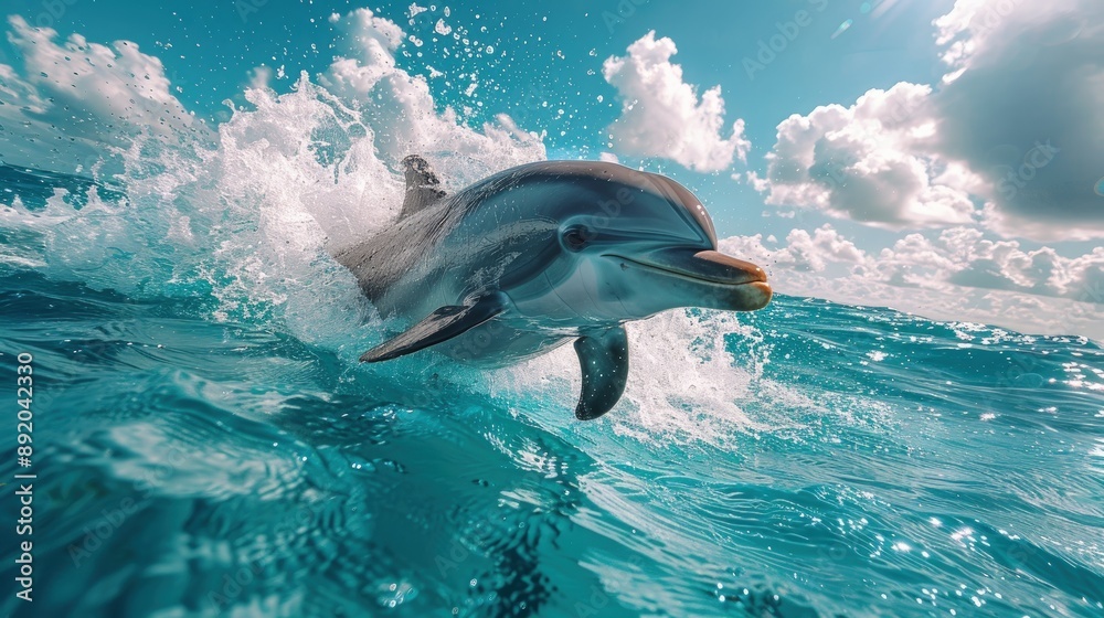 Fototapeta premium A playful dolphin playfully splashes in the clear blue water of an exotic island's lagoon.