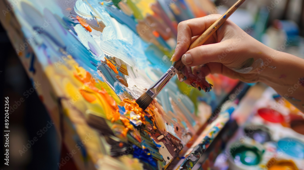 A person is painting a picture with a brush A person is painting a picture with a brush