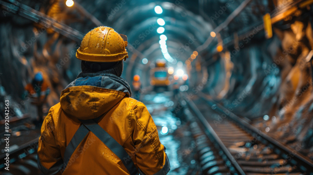 A construction engineer inspecting the alignment of steel beams inside a tunnel, with workers and heavy equipment actively working in the background. A construction engineer inspecting the alignment of steel beams inside a tunnel, with workers and heavy equipment actively working in the background.