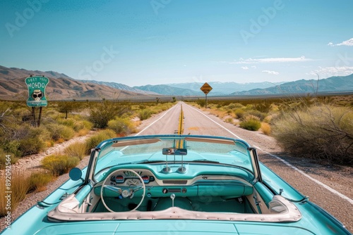21070036 13 13. A classic road trip scene with a convertible car and a Route 66 sign along a deserted highway --ar 3:2 --personalize qujpd9j Job ID: 86961716-f573-45ad-a3de-ca5cbc2385ce