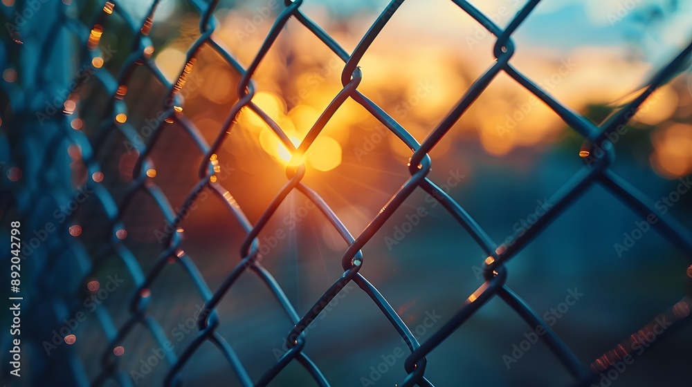 Fototapeta premium Chain-link fence, macro shot, shallow depth of field, golden hour lighting, soft focus, blue sky background, metal texture, geometric patterns, diagonal composition, warm tones.