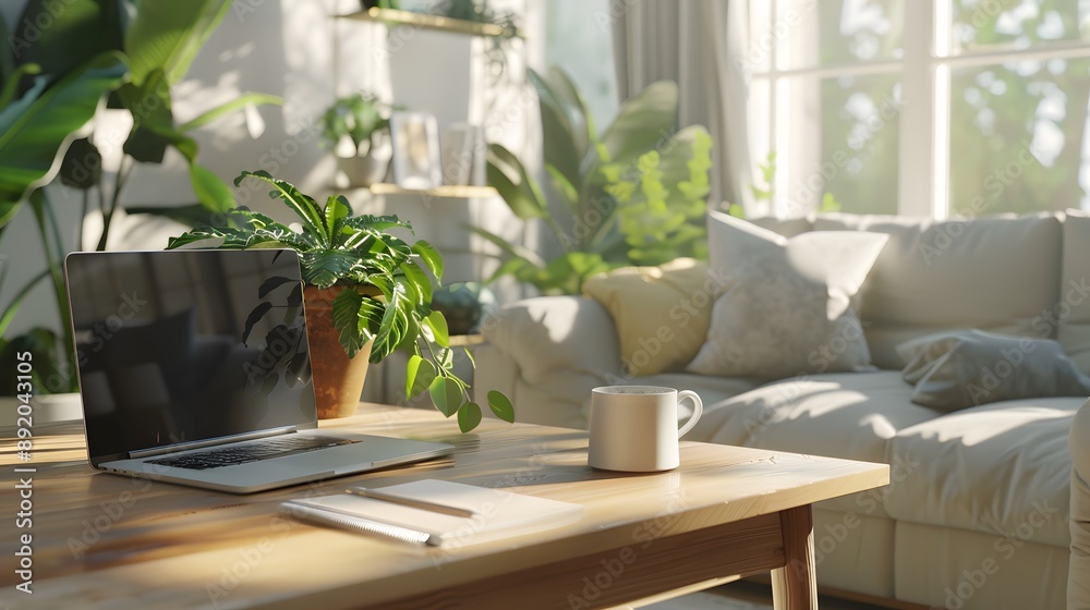 Cozy Home Office with Laptop, Plants, and Natural Light.