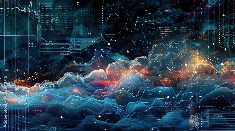 A dynamic image depicting the iterative process of machine learning, with algorithmic predictions evolving over time in response to new data inputs, visualized through a series of animated A dynamic image depicting the iterative process of machine learning, with algorithmic predictions evolving over time in response to new data inputs, visualized through a series of animated