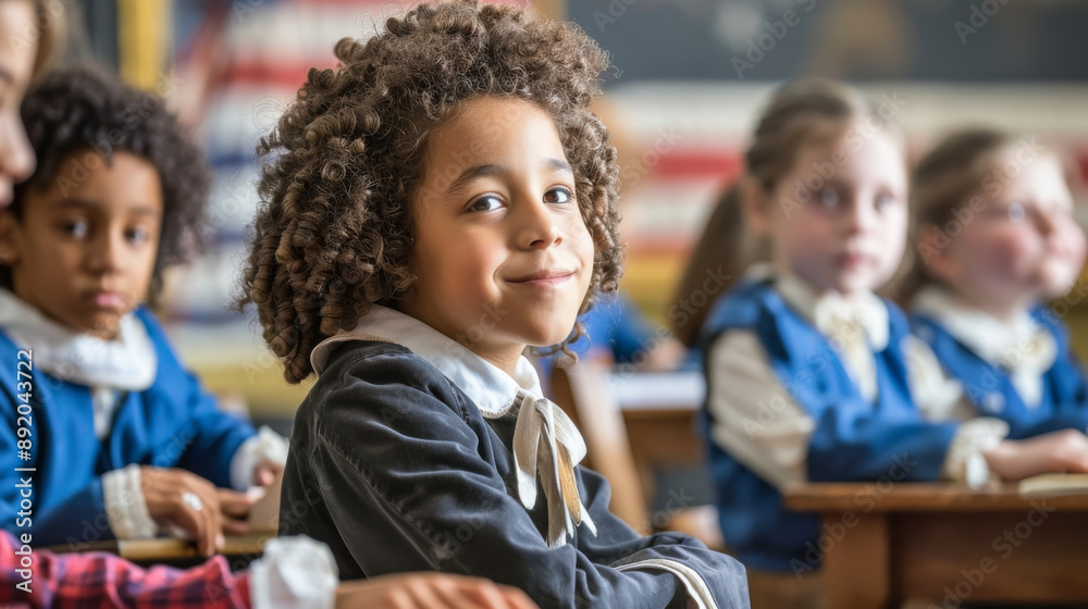 A group of children are sitting in a classroom, one of whom is smiling A group of children are sitting in a classroom, one of whom is smiling