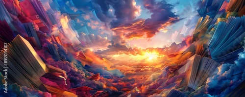 Enchanting digital art with colorful books, pencil clouds, vibrant sunset, dreamy and magical fantasy scene. © abdur