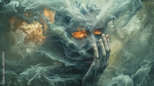 Obraz na płótnie Surreal Figure Grappling with Overwhelming Compulsive Behavior in Hallucinatory Mist
