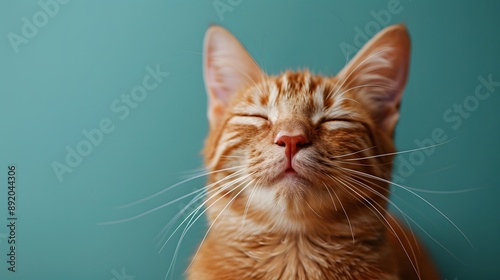 Happy ginger cat, wide smile, closed eyes, whiskers, cat portrait, pale green background, joyful expression, feline contentment, close-up shot, soft fur texture, pastel colors.
