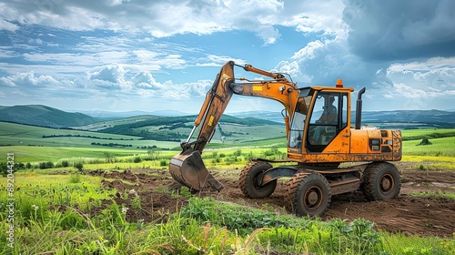 A Backhoe Vibro on a greenfield construction site with grassy fields and distant hills,