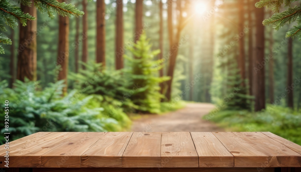 Wooden Tabletop In A Forest Setting. Wooden Tabletop In A Forest Setting.