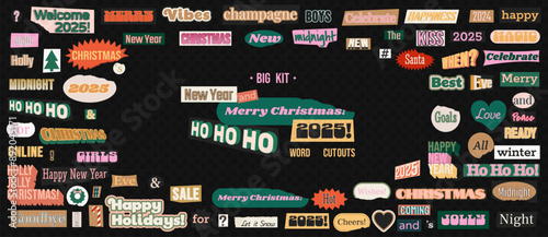 Retro collage magazine cutout words with a Christmas and New Year's theme. Vintage various clipping scrapbook text elements with a paper edge ripped. Trendy ransom letters for grunge design.	