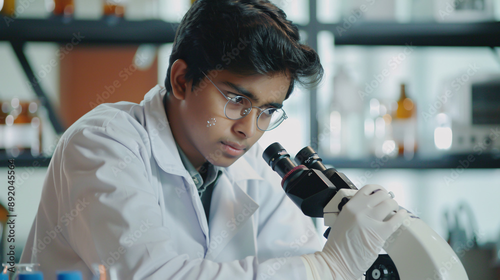 A serious and focused young Indian chemical researcher, dressed in a lab coat and rubber gloves, seated at a table and observing a sample under a microscope. A serious and focused young Indian chemical researcher, dressed in a lab coat and rubber gloves, seated at a table and observing a sample under a microscope.