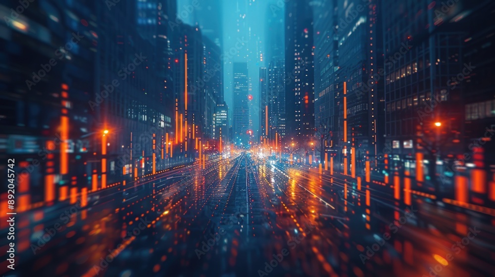A stock market graph with double exposure of modern skyscrapers.