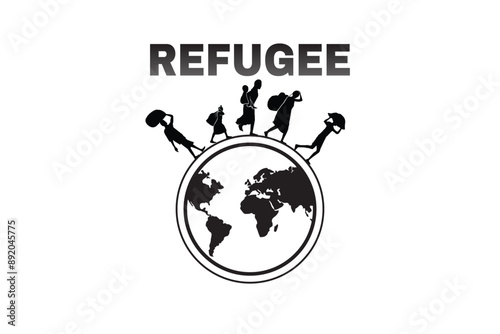 silhouette of refugee and world. black and white illustration of refugee.