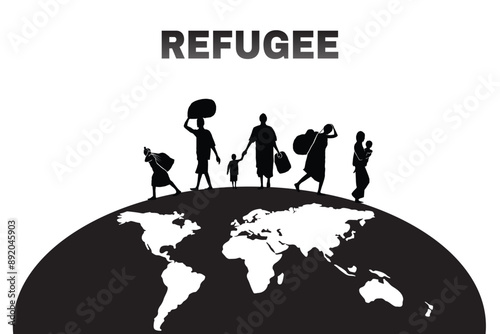 silhouette of refugee and world. black and white illustration of refugee.
