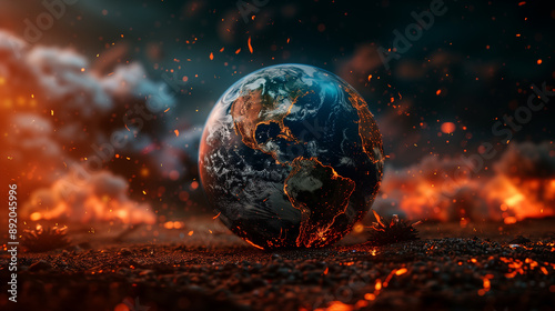 Planet Earth surrounded by fire and smoke in a dramatic scene..