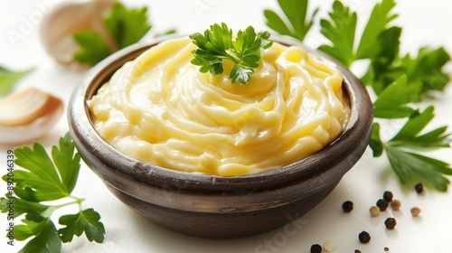 Creamy Garlic Aioli Sauce in a Bowl with Parsley Garnish