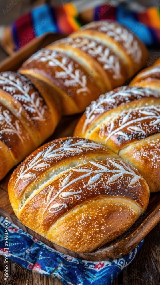 A freshly baked loaf of traditional bread with decorative icing, placed on a colorful textile, perfect for food photography. A freshly baked loaf of traditional bread with decorative icing, placed on a colorful textile, perfect for food photography.