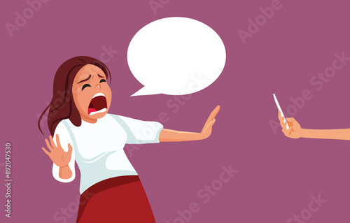 Stressed Woman Communicating her Refusal vector Cartoon illustration. Unhappy girl having her privacy invaded by mobile photography 

