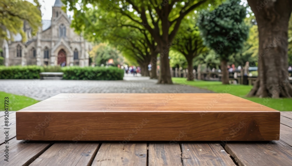 Wooden Table Top With Blurred Church and Green Park in Background. Wooden Table Top With Blurred Church and Green Park in Background.