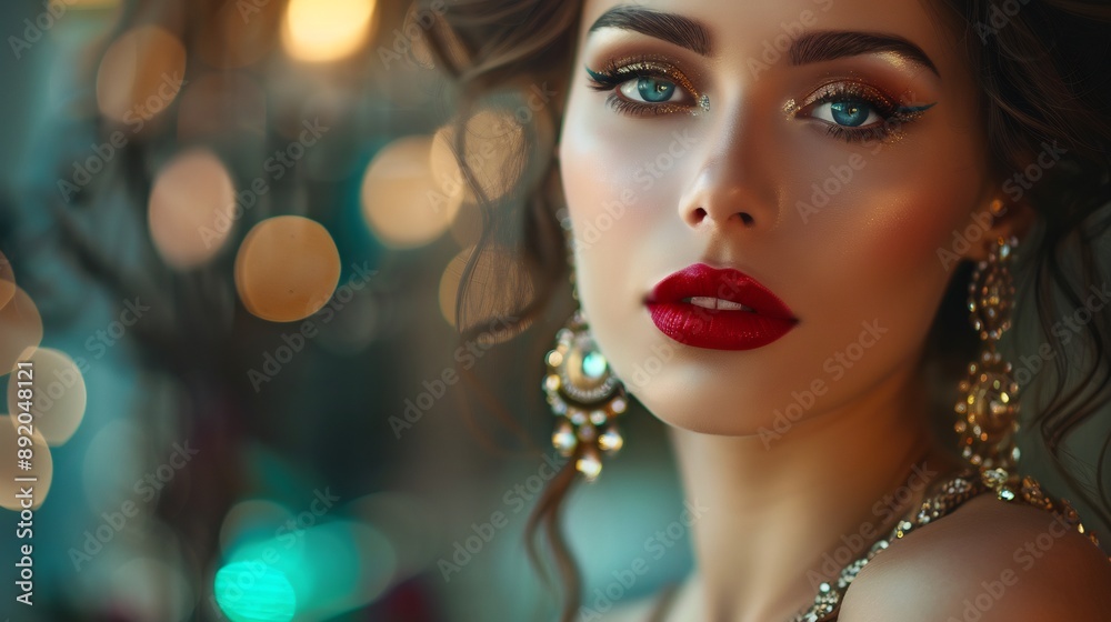 Beautiful woman with red lips and long earrings. Beautiful woman with red lips and long earrings.