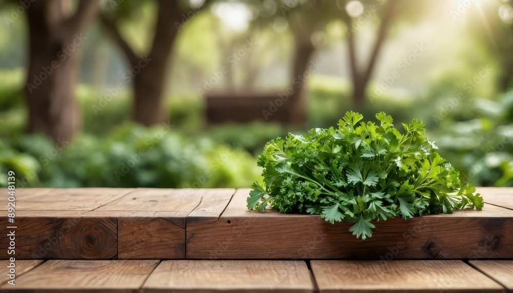 Fresh Parsley on Wooden Table with Blurred Green Background.