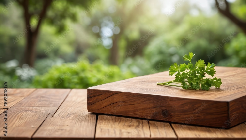 Wooden cutting board with parsley on rustic wooden table with blurred green background. Wooden cutting board with parsley on rustic wooden table with blurred green background.
