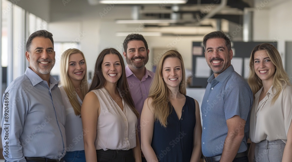 Obraz premium Several smiling people in business casual style clothing, stand in an office full of light.