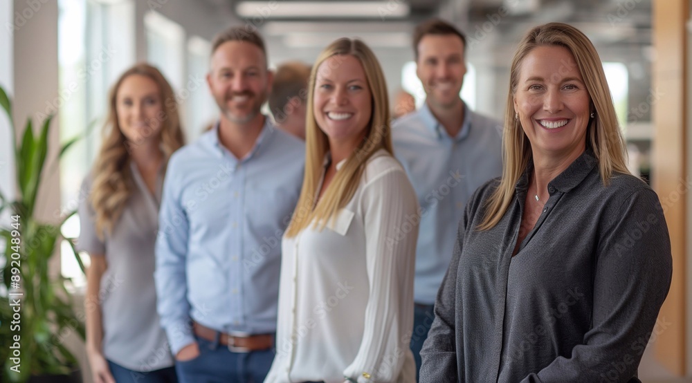 Several smiling people in business casual style clothing, stand in an office full of light.