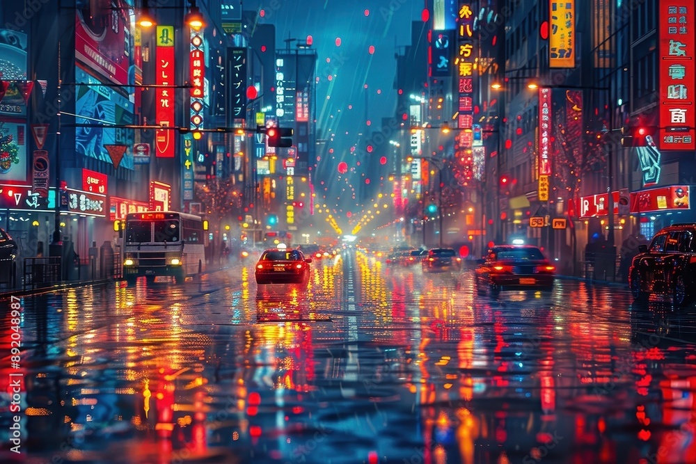 Fototapeta premium A vibrant and dynamic cityscape illuminated by a multitude of colorful lights.