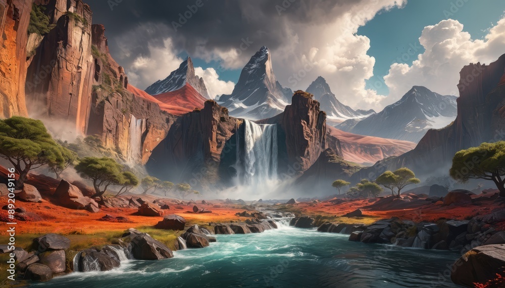 Fototapeta premium Majestic Waterfall in a Mountain Valley.