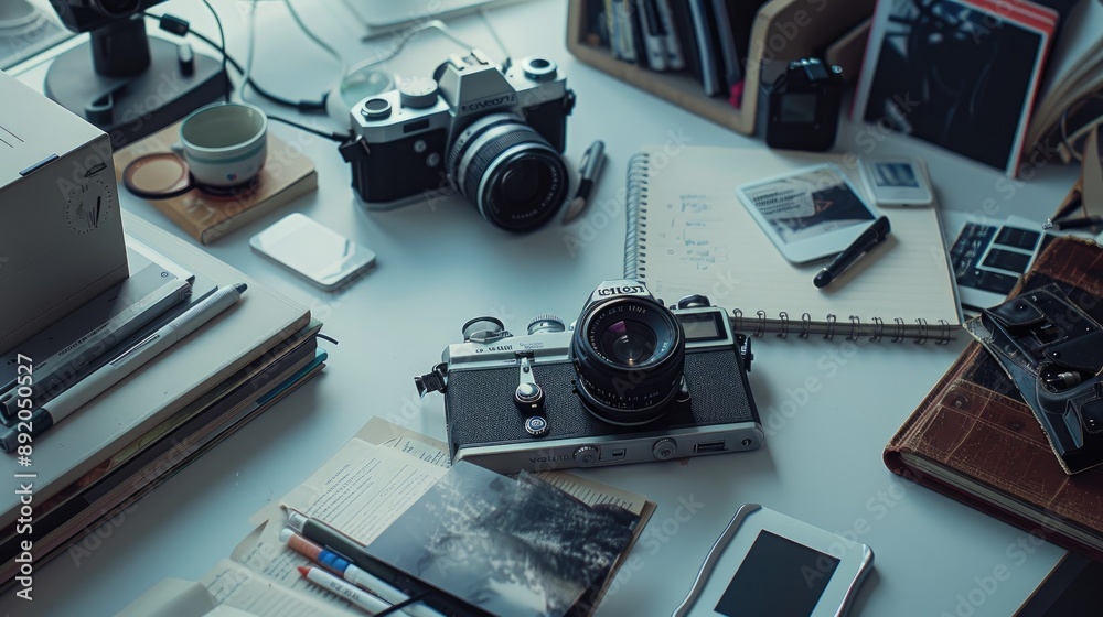 Fototapeta premium Close up of worktable with electronic devices camera books and stationary on white surface