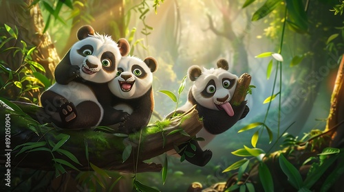 Playful baby pandas stacked on a branch with the top panda looking at the viewer, the middle one looking up, and the bottom one sticking its tongue out, set in a sunlit forest