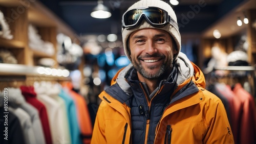 Smiling man in ski shop wearing winter gear