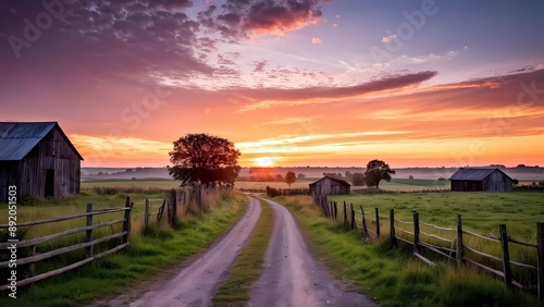 Wallpaper Mural Tranquil countryside sunset: A rustic barn glows in golden light amidst rolling fields and grazing animals, framed by a vibrant sunset sky. Torontodigital.ca