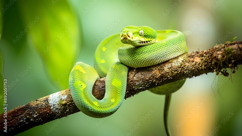 Naklejka premium Emerald Tree Boa coiled around a branch in the Amazon rainforest