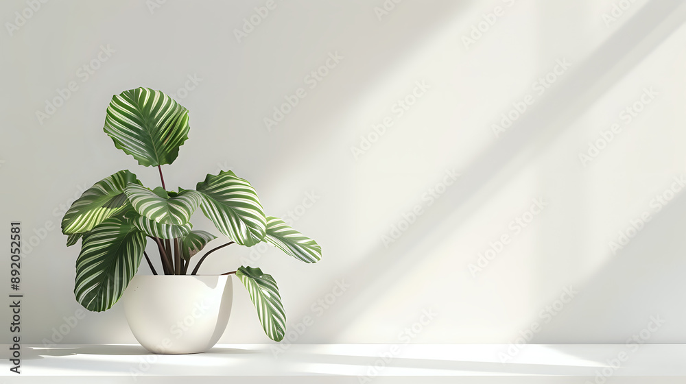 Sunlit potted plant on a white table, casting a shadow and setting a warm, inviting tone in front of a window. Sunlit potted plant on a white table, casting a shadow and setting a warm, inviting tone in front of a window.