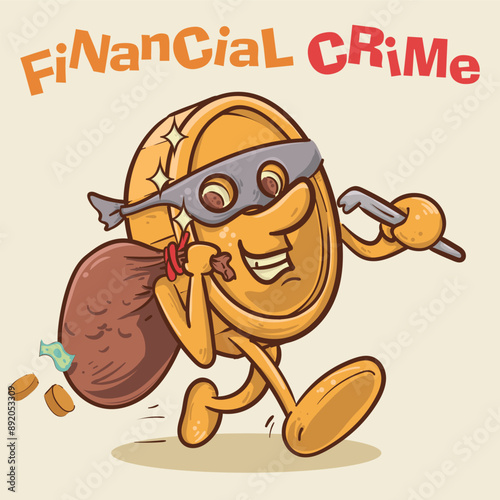 finacial crime. bad shine coin mascot with face steal money concept. vintage style money mascot cartoon character vector illustration