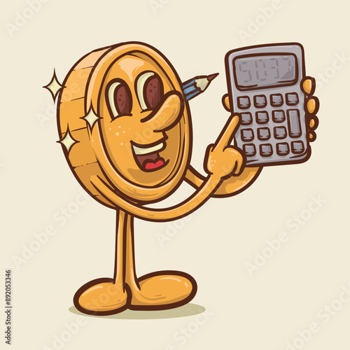 money calculation concept. shine coin mascot with face holding calculator concept.vintage style money mascot cartoon character vector illustration