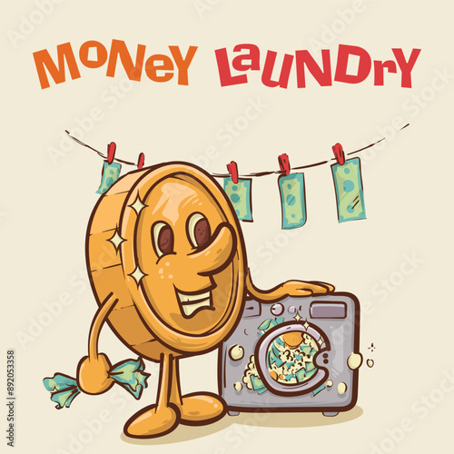 money laundry concept. shine coin mascot with face in front of laundry machine.vintage style money mascot cartoon character vector illustration