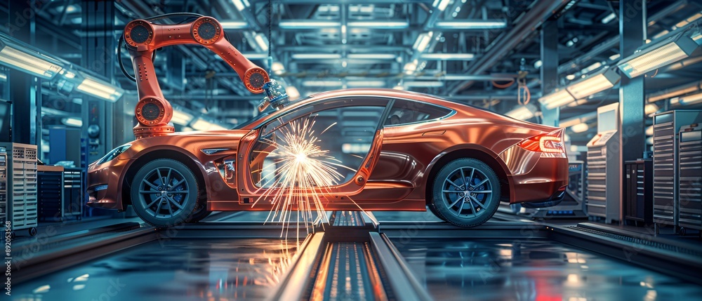 Robotic arm welding in automotive factory Robotic arm welding in automotive factory