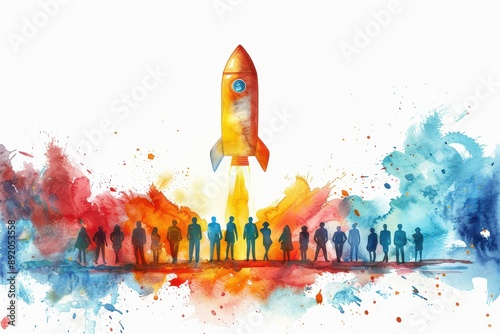 A vibrant watercolor illustration of diverse people standing together, launching a bright rocket symbolizing teamwork and innovation.